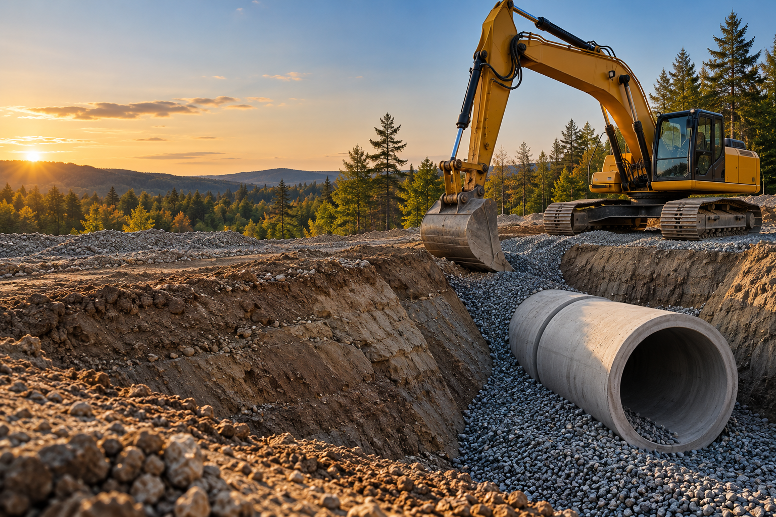 Illustration of an excavator and underground utility construction at a site in warm evening light